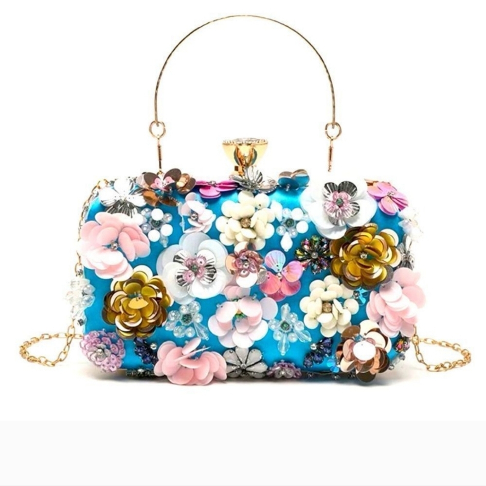 Exquisite 3D Beaded Floral Rhinestone Clutch ~ Metal Closure & Handle, Strap